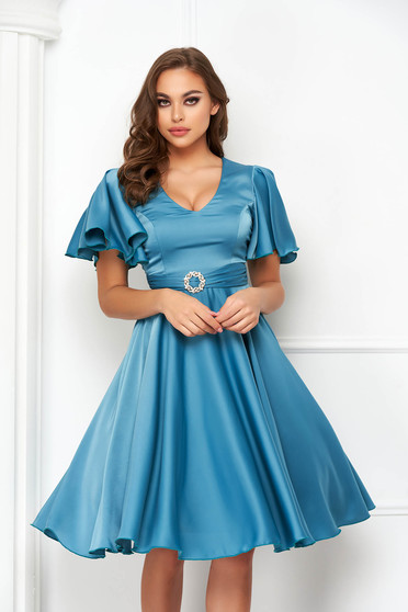 Blue dresses, - StarShinerS turquoise dress from satin midi cloche with bell sleeve - StarShinerS.com
