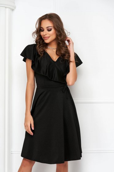 Short sleeved dresses, - StarShinerS black dress crepe short cut cloche with glitter details - StarShinerS.com