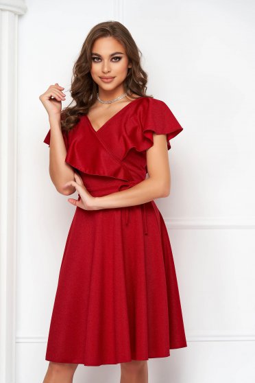 Red crepe dress up to the knee in cloche with glitter applications - StarShinerS