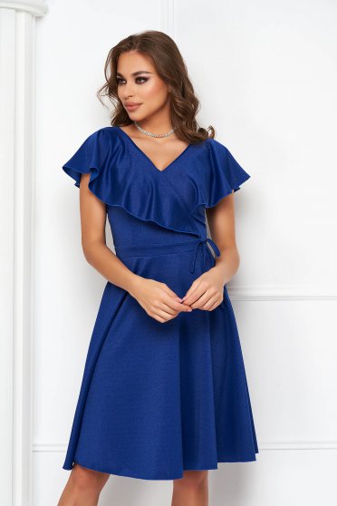 Blue crepe knee-length dress in A-line with glitter applications - StarShinerS