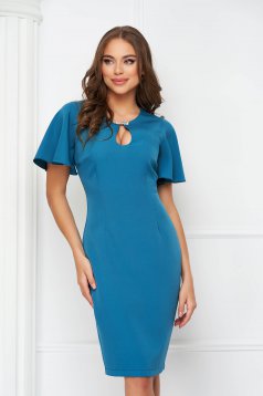 Petrol Green Fabric Knee-Length Pencil Dress with Bell Sleeves - StarShinerS