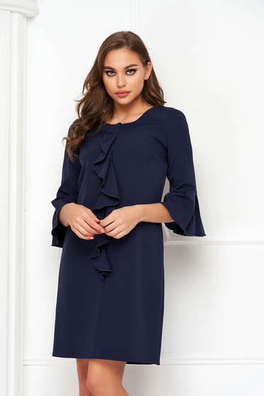 Blue dresses, Dark blue dress slightly elastic fabric short cut loose fit with ruffle details - StarShinerS - StarShinerS.com