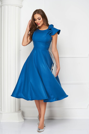 Petrol blue dress midi cloche elastic cloth with ruffled sleeves - StarShinerS
