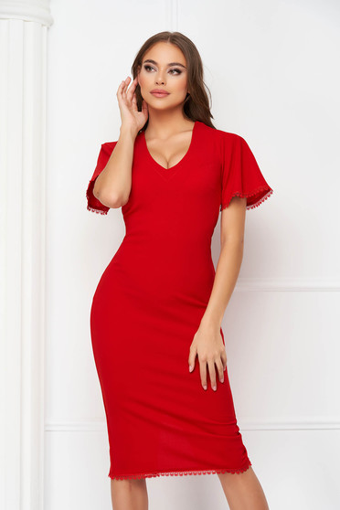 Office dresses - Page 3, Red crepe pencil dress with lace applications - StarShinerS - StarShinerS.com
