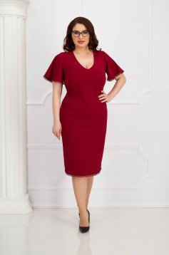 Burgundy dress slightly elastic fabric midi pencil with lace details - StarShinerS