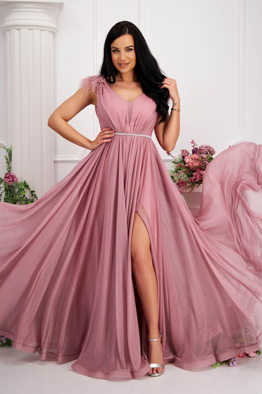 Evening dresses, Lightpink dress from tulle with glitter details long cloche feather details - StarShinerS.com