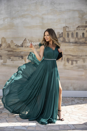 Long dark green glitter tulle dress with feathers on the shoulders