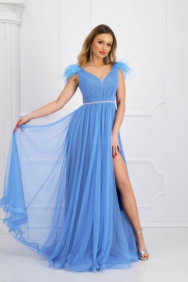 Lightblue dress from tulle long cloche with embellished accessories feather details