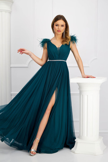 Darkgreen dress from tulle long cloche with embellished accessories feather details