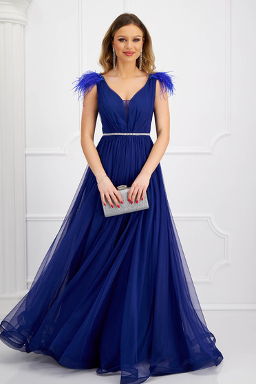 Blue dress from tulle long cloche with embellished accessories feather details