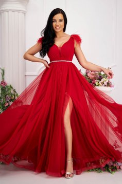 Red dress from tulle long cloche with embellished accessories feather details