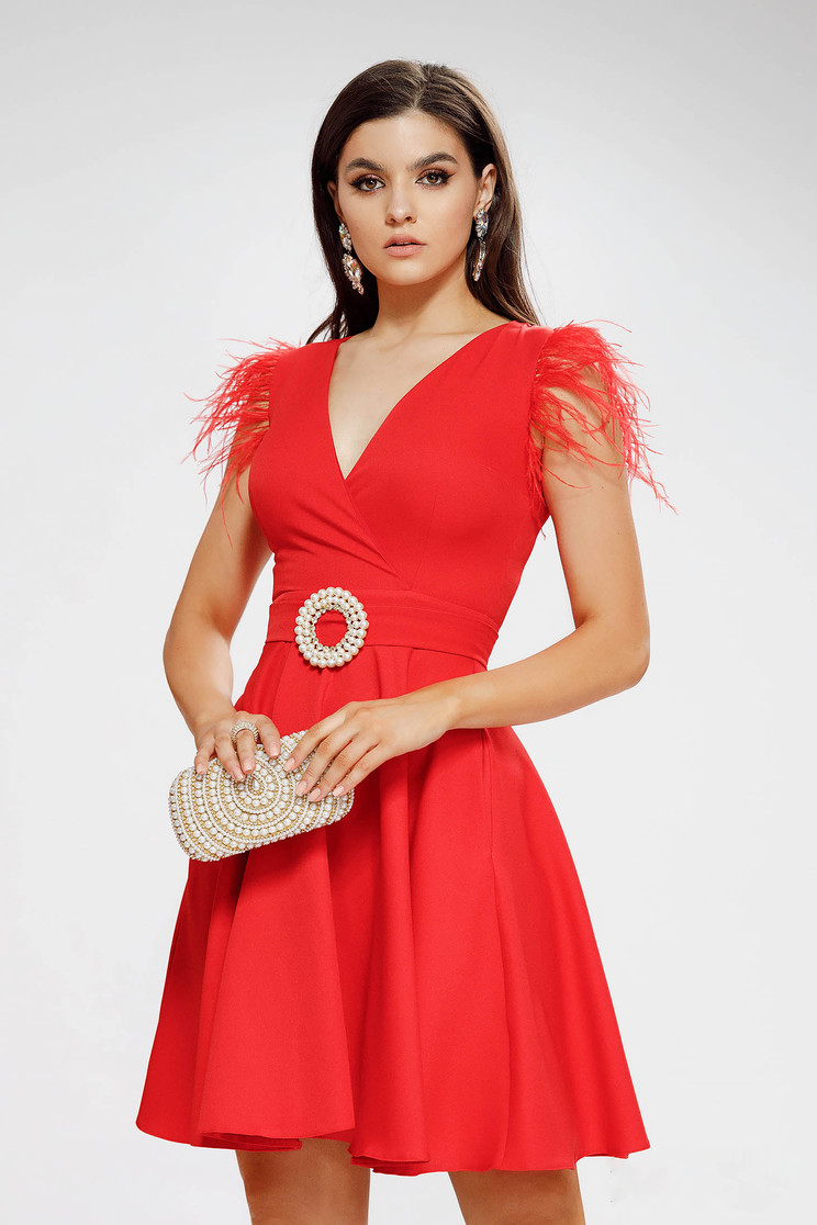 Dresses with pearls, Red dress slightly elastic fabric cloche feather details - StarShinerS.com