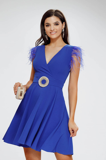 Online Dresses, Blue dress slightly elastic fabric cloche feather details - StarShinerS.com