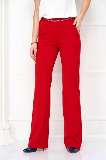 Trousers, Red Flared Long Crepe Pants with Pockets - StarShinerS - StarShinerS.com