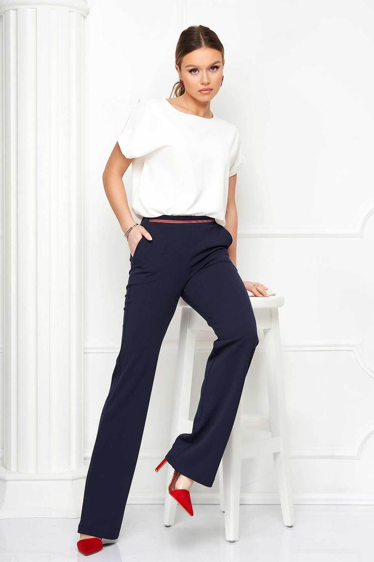Trousers, Dark blue trousers crepe long flared with pockets - StarShinerS - StarShinerS.com