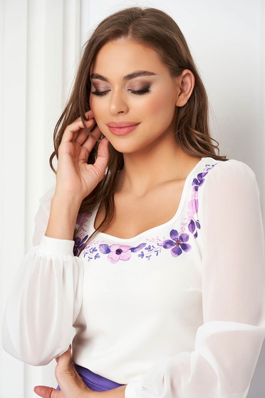 Office Blouses, White women`s blouse crepe loose fit with veil sleeves with puffed sleeves - StarShinerS - StarShinerS.com