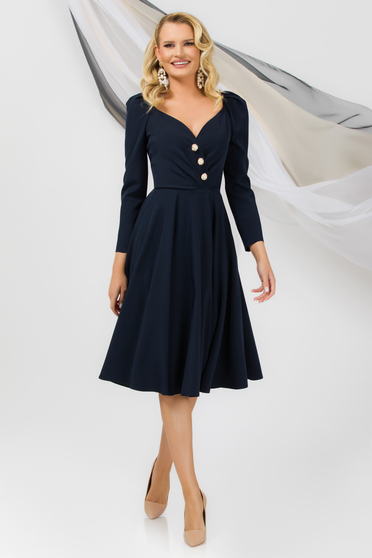 Elegant dresses, Dark blue dress slightly elastic fabric cloche wrap over front with decorative buttons - StarShinerS.com