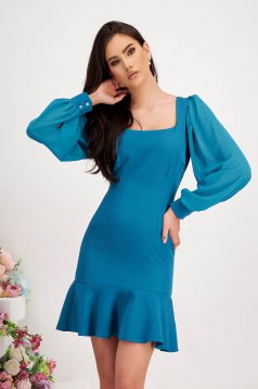 Petrol blue dress slightly elastic fabric pencil with veil sleeves with puffed sleeves - StarShinerS