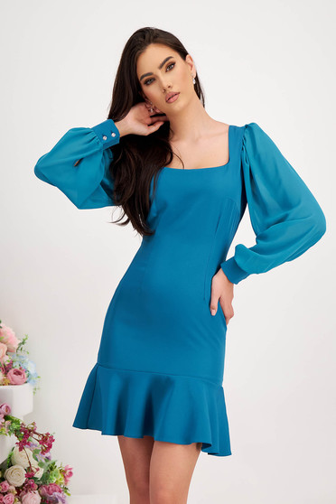 Petrol Blue Pencil Dress made from slightly stretchy fabric with puff sleeves in voal - StarShinerS
