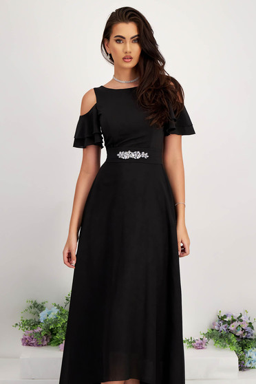 Prom dresses - Page 4, - StarShinerS black dress voile fabric asymmetrical long both shoulders cut out - StarShinerS.com