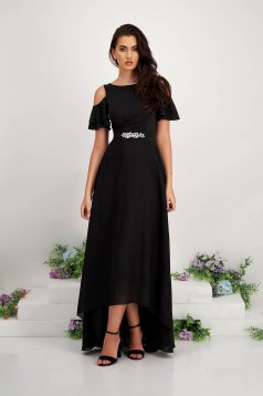 Asymmetrical Long Black Chiffon Dress with Cut-out Shoulders - StarShinerS