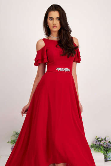 - StarShinerS red dress voile fabric asymmetrical long both shoulders cut out