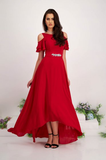 Red Asymmetric Long Voile Dress with Cut-Out Shoulders - StarShinerS
