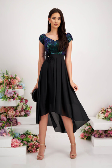 Asymmetric Black Chiffon and Sequin Dress with Bare Shoulders - StarShinerS