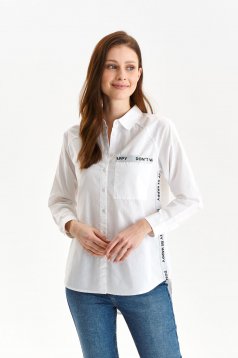 White women`s shirt asymmetrical loose fit with writing print