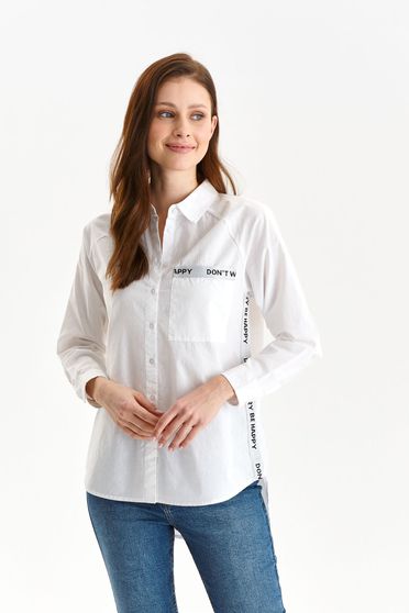White women`s shirt asymmetrical loose fit with writing print