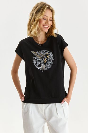 Casual T-shirts, Black t-shirt cotton loose fit with rounded cleavage - StarShinerS.com
