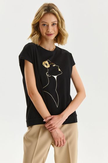 Casual T-shirts, Black t-shirt loose fit with rounded cleavage - StarShinerS.com