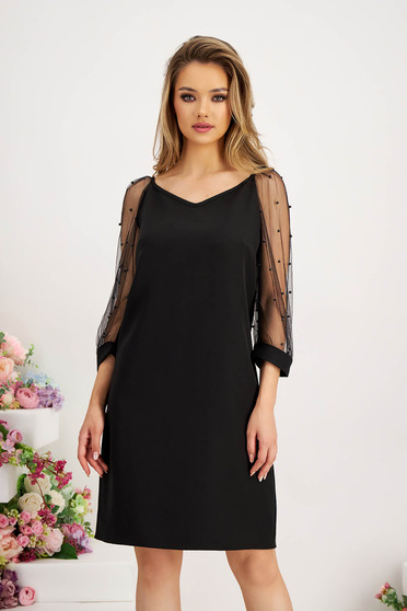 Online Dresses, Black dress slightly elastic fabric with 3/4 sleeves with pearls straight - StarShinerS - StarShinerS.com