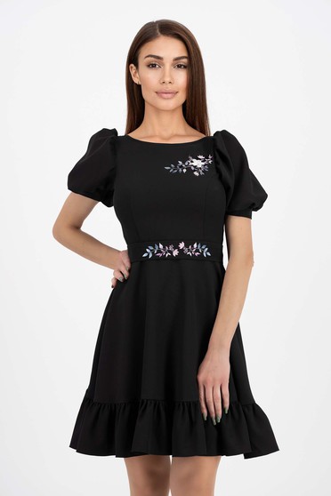 Floral print dresses, Black slightly stretchy fabric dress in a-line with puff sleeves and unique embroidery - StarShinerS - StarShinerS.com