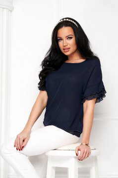 Navy blue voile women's blouse with wide cut and ruffles on the sleeve - StarShinerS