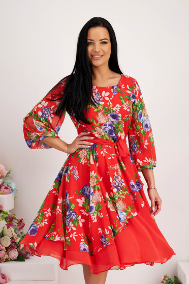 Red dresses, Dress cloche from veil fabric midi with floral print with cut-out sleeves - StarShinerS.com