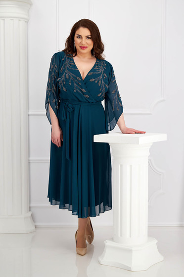 Online Dresses, Darkgreen dress midi cloche from veil fabric with pearls strass - StarShinerS.com