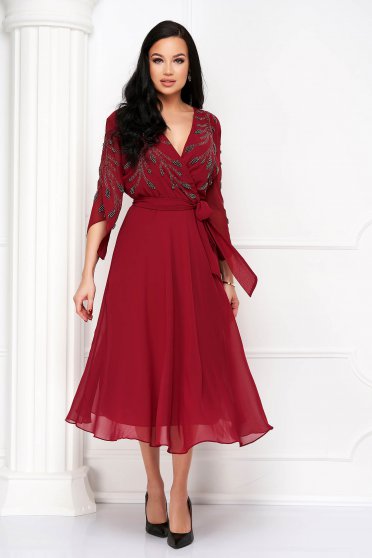 Online Dresses, Burgundy dress midi cloche from veil fabric with pearls strass - StarShinerS.com