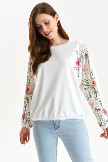 Casual Blouses, White women`s blouse loose fit long sleeved with floral print - StarShinerS.com