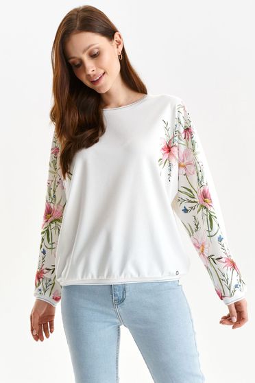 Blouses, White women`s blouse loose fit long sleeved with floral print - StarShinerS.com