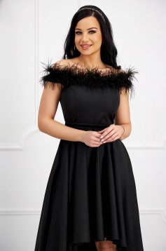 - StarShinerS black dress slightly elastic fabric naked shoulders feather details asymmetrical cloche