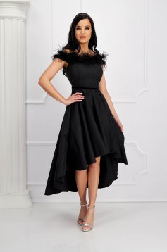 Asymmetric black slightly elastic fabric dress in cloche with bare shoulders and feathers - StarShinerS
