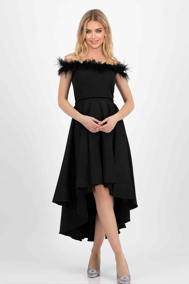 New Year`s Eve Dresses, Asymmetric black slightly elastic fabric dress in cloche with bare shoulders and feathers - StarShinerS - StarShinerS.com