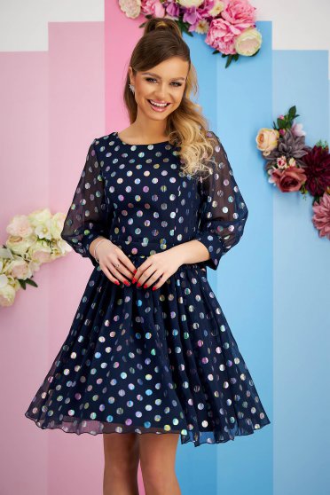 Online Dresses, - StarShinerS dress from veil fabric cloche with dots print accessorized with tied waistband - StarShinerS.com