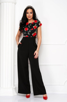 Jumpsuit long flared crepe laced with raised flowers lateral pockets - StarShinerS