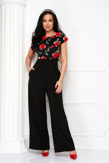 Jumpsuits, Long jumpsuit made of lace and flared crepe with side pockets and embossed flowers - StarShinerS - StarShinerS.com
