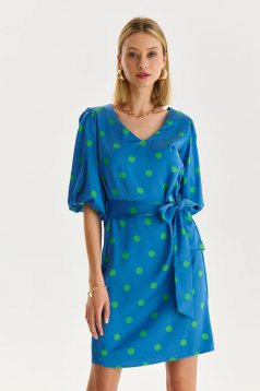 Blue dress thin fabric with elastic waist with puffed sleeves