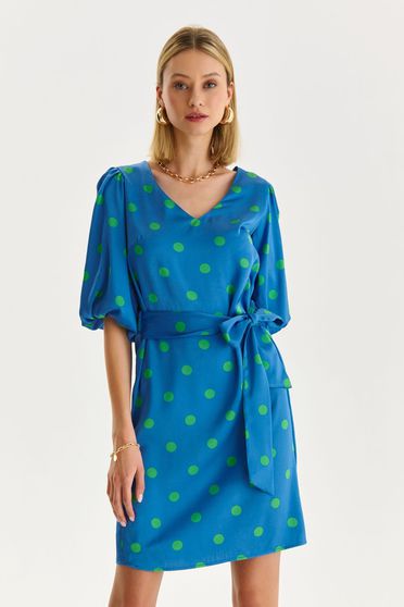 Polka dot dresses, Blue dress thin fabric with elastic waist with puffed sleeves - StarShinerS.com