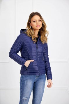 Navy Blue Fitted Puffer Jacket with Detachable Hood and Side Pockets - SunShine