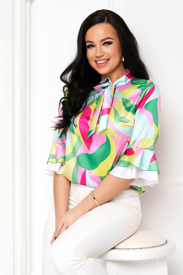 Office Blouses, Women`s blouse from satin asymmetrical loose fit with ruffled sleeves - StarShinerS - StarShinerS.com